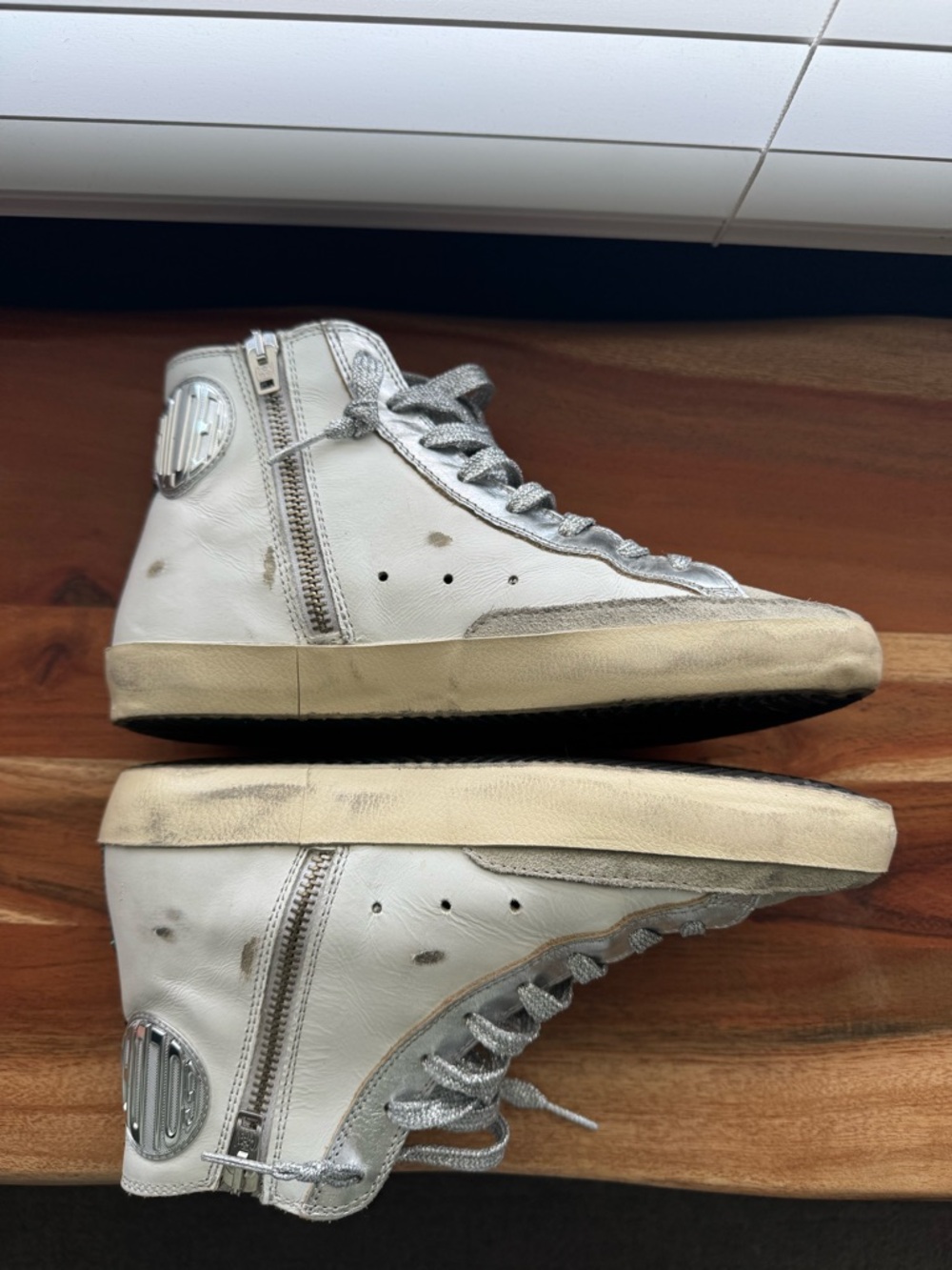 Golden Goose Francy Off-White High-Top Sneakers with Teal & Green Embellishment - Picture 4 of 6